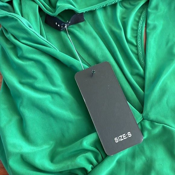 NWT All Saints Green V Neck Ruched Mini Bodycon Dress - Picture 7 of 8